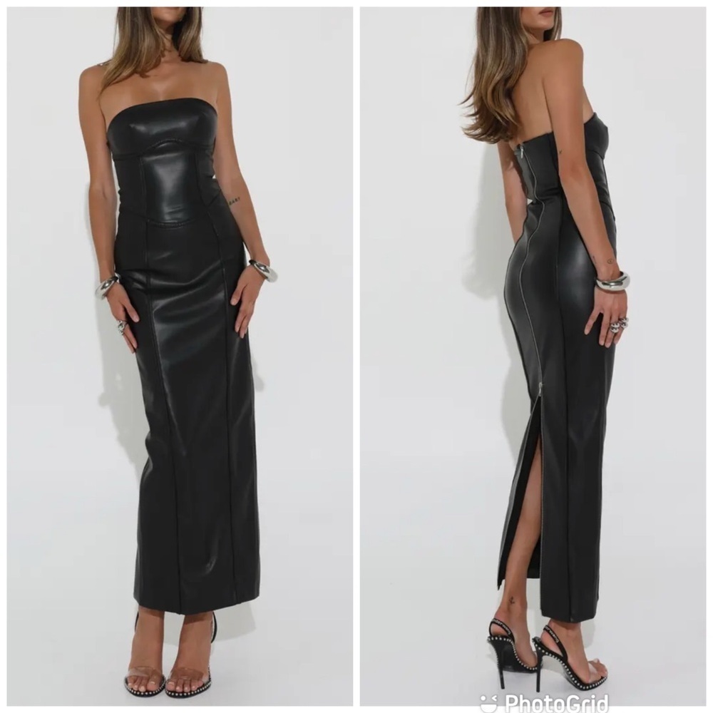 BY.DYLN Alessia Strapless Faux Leather Maxi Dress in Black